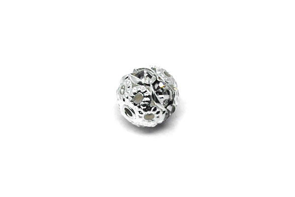 Silver-Plated Brass Round w/White Rhinestone, 8mm