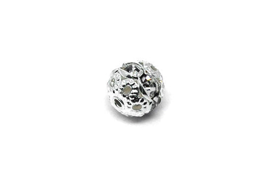 Silver-Plated Brass Round w/White Rhinestone, 8mm