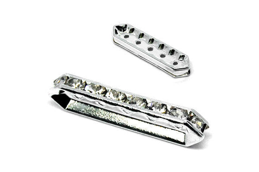 Silver-Plated Brass Spacer Diamond 5 Hole w/Rhinestone, 9x30mm