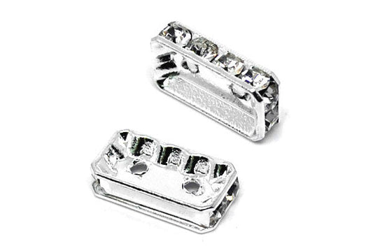Silver-Plated Brass Spacer Rectangle 2 Hole w/Rhinestone, 8x15mm