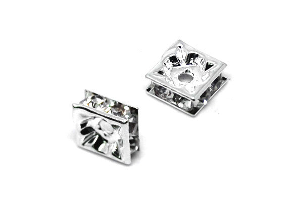 Silver-Plated Brass Spacer Square w/Rhinestone, 8mm