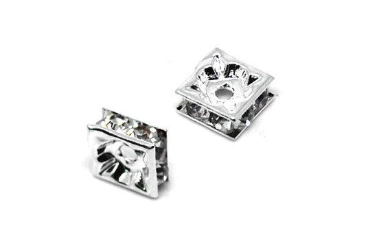 Silver-Plated Brass Spacer Square w/Rhinestone, 8mm