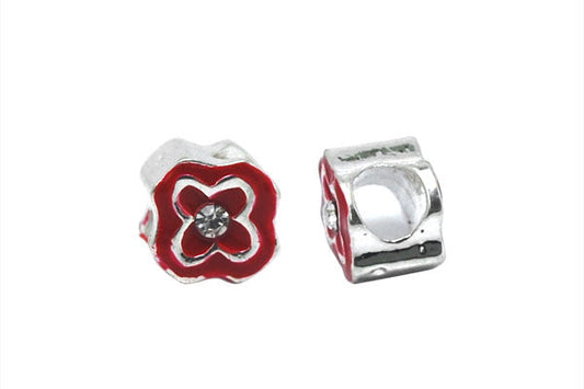 Metal Alloy Beads Flower W/red Enamel & Clear Rhinestone, 10x10mm