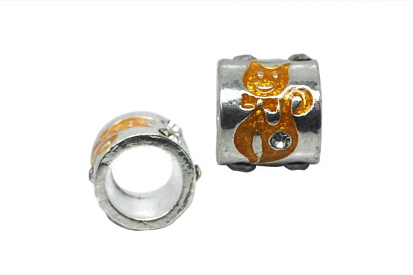 Metal Alloy Beads Tube W/yellow Cat & Clear Rhinestone, 10x11mm