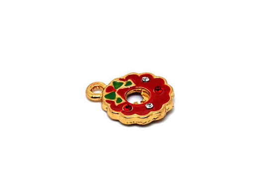 Silver-Plated Charm Flower w/Red Enamel and Rhinestones, 13x17mm