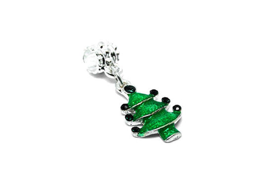 Silver-Plated Charm Link Christmas Tree w/Green Enamel and Rhinestone, 12x30mm