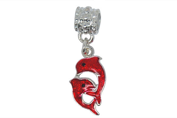 Silver Plated Charm Link Dolphins W/red Enamel, 10x29mm