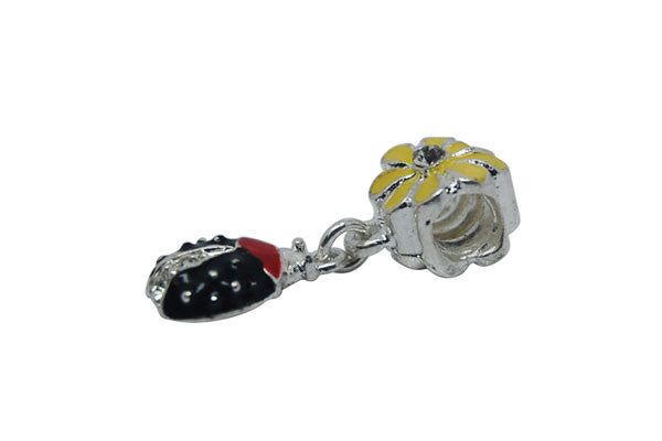 Silver Plated Charm Link Ladybug W/yellow and Black Enamel & Rhinestone, 8x25mm