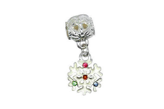 Silver-Plated Charm Link Snowflake w/White Enamel & Mix Rhinestone, 13x29mm