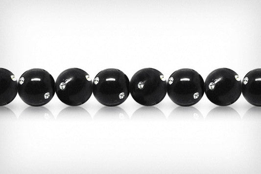 Shell Pearl Round Black W Clear Czechish Rhinestone Beads, 8-Inch Strand, Jewelry Making Supplies