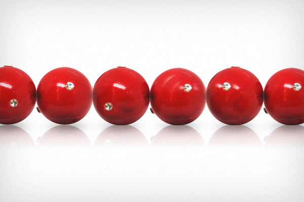 Shell Pearl Round Red W Clear Czechish Rhinestone Beads, 8-Inch Strand, Jewelry Making Supplies