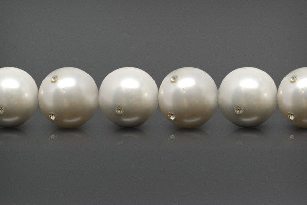 Shell Pearl Round White W Clear Czechish Rhinestone Beads, 8-Inch Strand, Jewelry Making Supplies