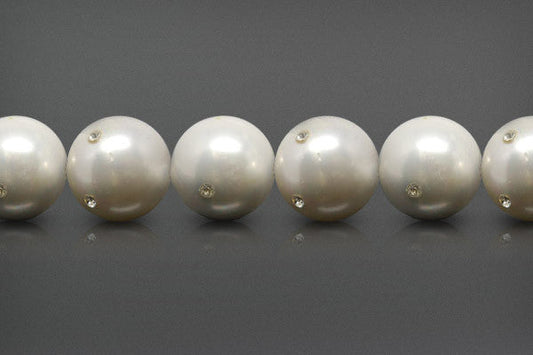 Shell Pearl Round White W Clear Czechish Rhinestone Beads, 8-Inch Strand, Jewelry Making Supplies