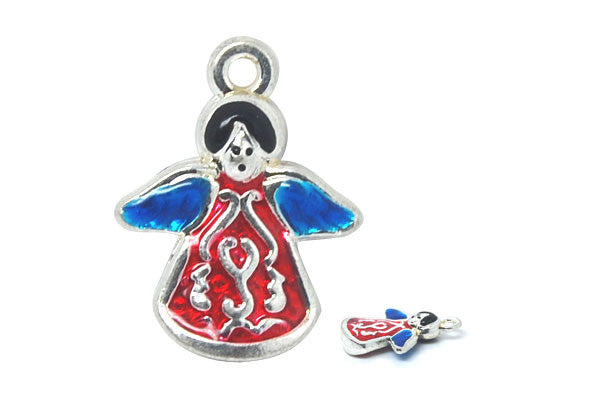 Silver Plated Charm Angel W/blue & Red Enamel, 11x22mm