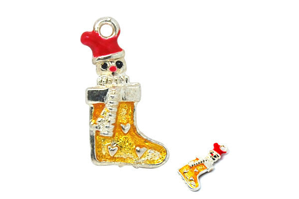 Silver Plated Charm Christmas Stocking W/yellow & Red Enamel, 10x20mm