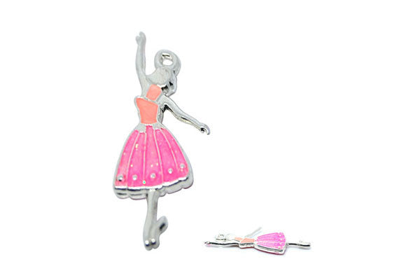 Silver Plated Charm Dancer W/pink Enamel, 14x31mm