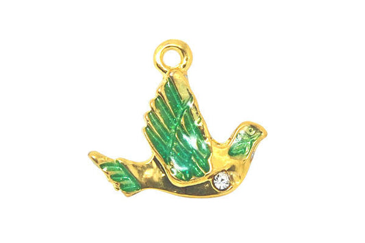 Gold Plated Charm Dove W/green & Crystal Rhinestone, 18x20mm