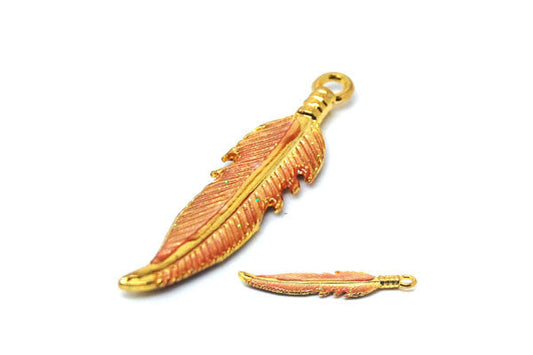 Gold Plated Charm Feather W/orange Enamel, 7x22mm