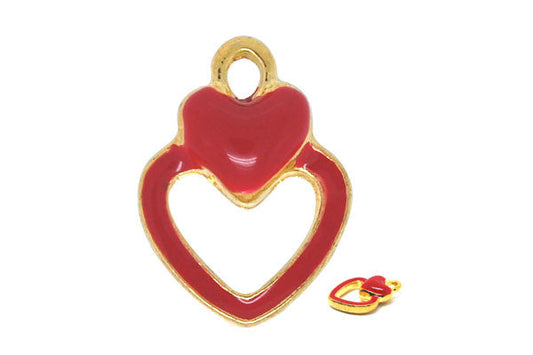 Gold Plated Charm Heart W/red Enamel, 13x17mm