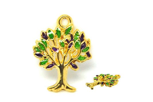 Gold Plated Charm Tree of Life W/purple & Green Enamel, 17x21mm