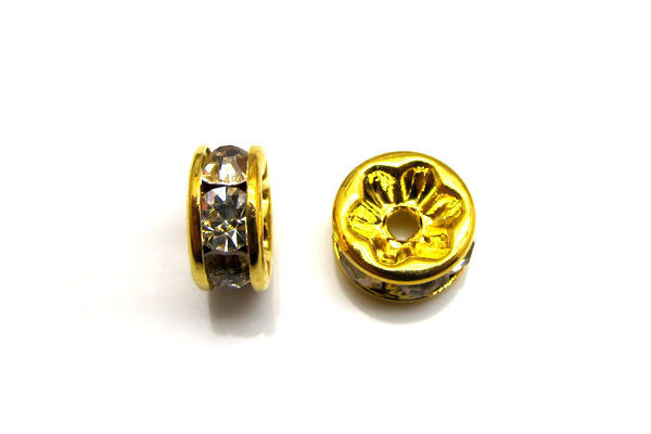 Gold Plated Rondelle W/crystal Rhinestones, White, 4x8mm