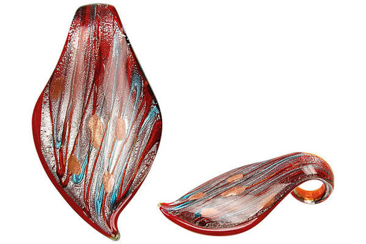 Murano Foil Glass Smooth Leaf Pendant, 33x63mm, 1 Piece, Pendant for Jewelry Making