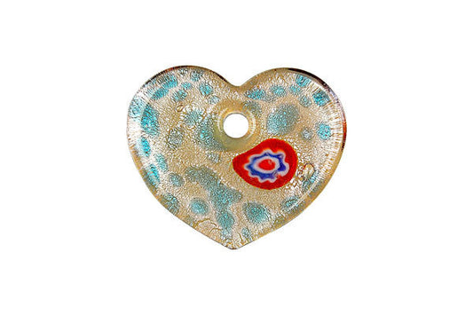 Murano Foil Glass Flat Heart Pendant, 31x38mm, 1 Piece, Pendant for Jewelry Making