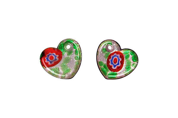 Murano Foil Glass Flat Heart Earrings Pendant, 15x20mm, 2 Pieces, Pendant for Jewelry Making
