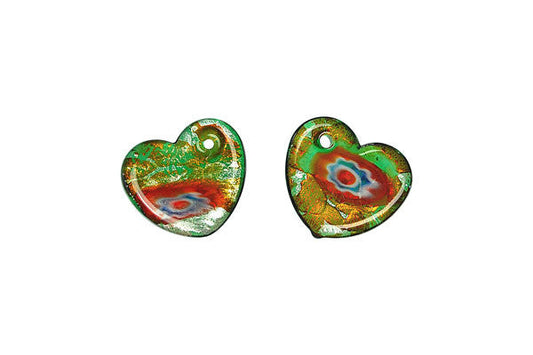 Murano Foil Glass Flat Heart Earrings Pendant, 15x20mm, 2 Pieces, Pendant for Jewelry Making