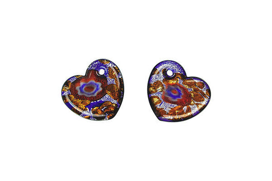 Murano Foil Glass Flat Heart Earrings Pendant, 15x20mm, 2 Pieces, Pendant for Jewelry Making