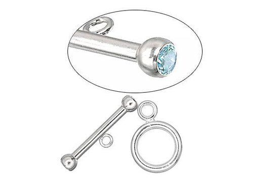 Sterling Silver Toggle Clasp w/Aqua Blue CZ, 2.0x12.0mm