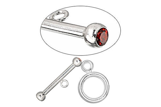 Sterling Silver Toggle Clasp w/Garnet CZ, 2.0x12.0mm