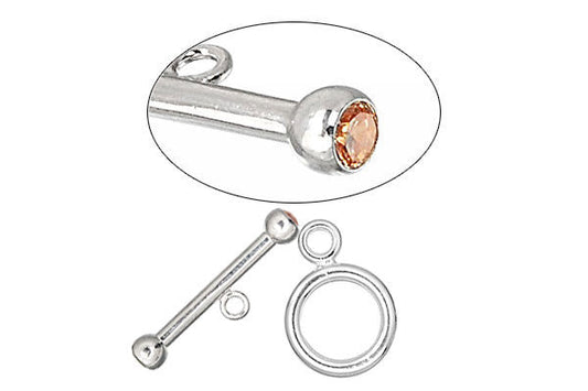 Sterling Silver Toggle Clasp w/Cognac CZ, 2.0x12.0mm