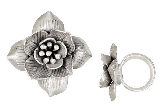Hill Tribe Silver Wild Flower Ring, 30x30mm, Size 8