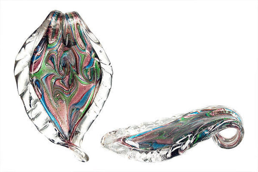 Murano Foil Glass Leaf Pendant, 42x68mm, 1 Piece, Pendant for Jewelry Making