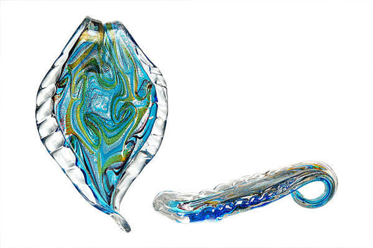 Murano Foil Glass Leaf Pendant, 42x68mm, 1 Piece, Pendant for Jewelry Making