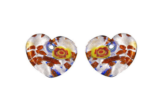 Murano Foil Glass Flat Heart Earrings Pendant, 15x20mm, 2 Pieces, Pendant for Jewelry Making