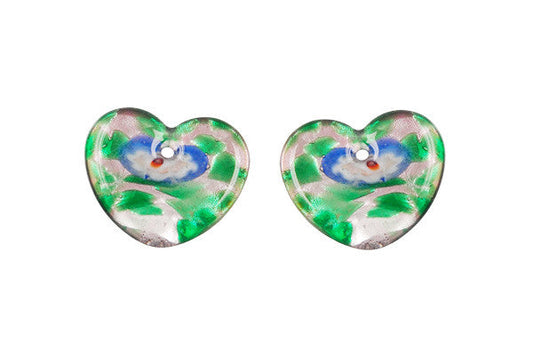 Murano Foil Glass Flat Heart Earrings Pendant, 15x20mm, 2 Pieces, Pendant for Jewelry Making