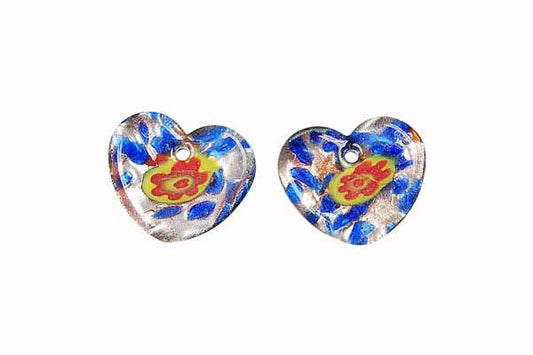 Murano Foil Glass Flat Heart Earrings Pendant, 15x20mm, 2 Pieces, Pendant for Jewelry Making