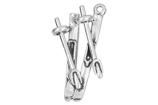 Sterling Silver Skis with Pole Sports Charm, 25.0x1.02mm