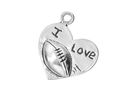Sterling Silver I Love Football Sports Charm, 14.0x17.0mm