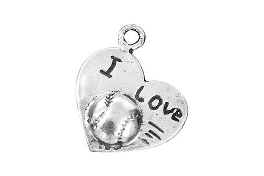 Sterling Silver I Love Baseball Sports Charm, 14.0x17.0mm