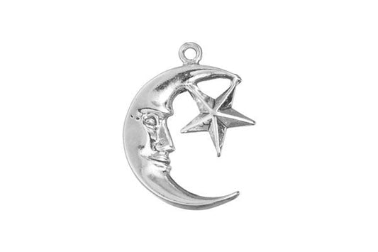 Sterling Silver Man-in-the-Moon with Star Charm, 14.0x14.0mm