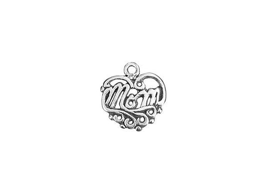 Sterling Silver Filigree Mom Heart Charm, 12.0x12.0mm