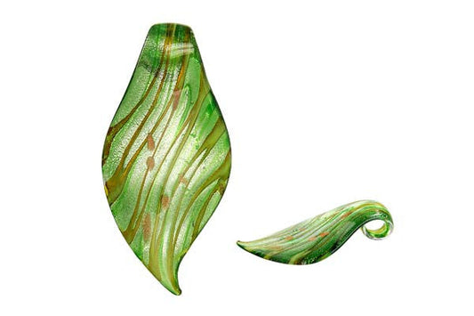 Murano Foil Glass Smooth Leaf Pendant, 33x63mm, 1 Piece, Pendant for Jewelry Making