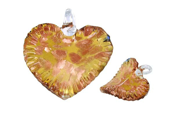 Murano Foil Glass Twisted Flat Heart Pendant, 45x48mm, 1 Piece, Pendant for Jewelry Making