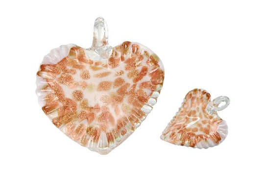 Murano Foil Glass Twisted Flat Heart Pendant, 45x48mm, 1 Piece, Pendant for Jewelry Making