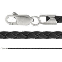 Leather Necklace, Braided Black w/Sterling Silver Endcaps