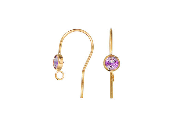 Gold Filled Ear Wire, Amethyst Bezel Setting w/Ring, 4.0mm