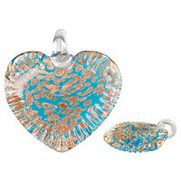 Murano Foil Glass Twisted Flat Heart Pendant, 45x48mm, 1 Piece, Pendant for Jewelry Making